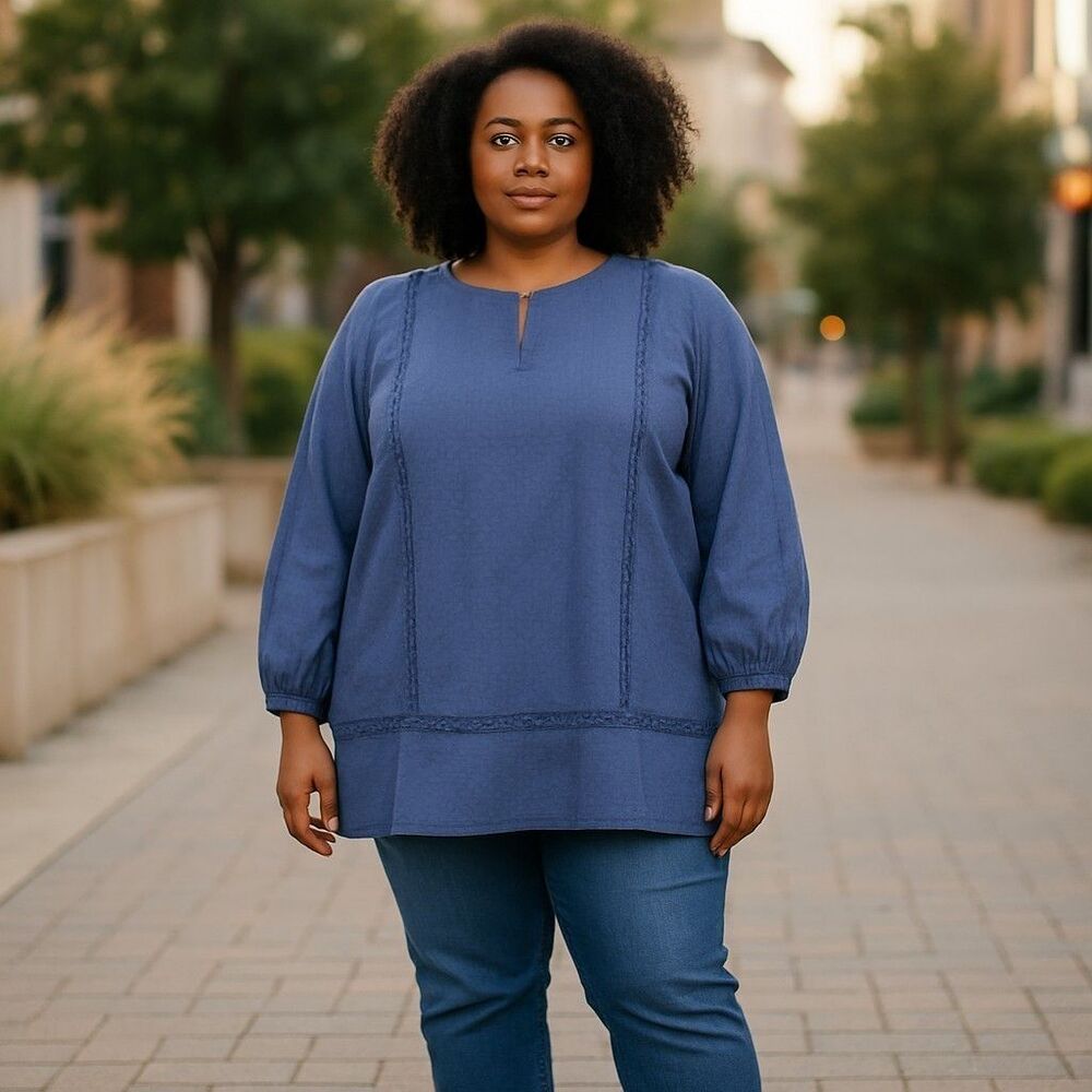 Land's End Eyelet Peasant Tunic Popover 1X 16W 18W Womens Plus Blue Long Sleeve